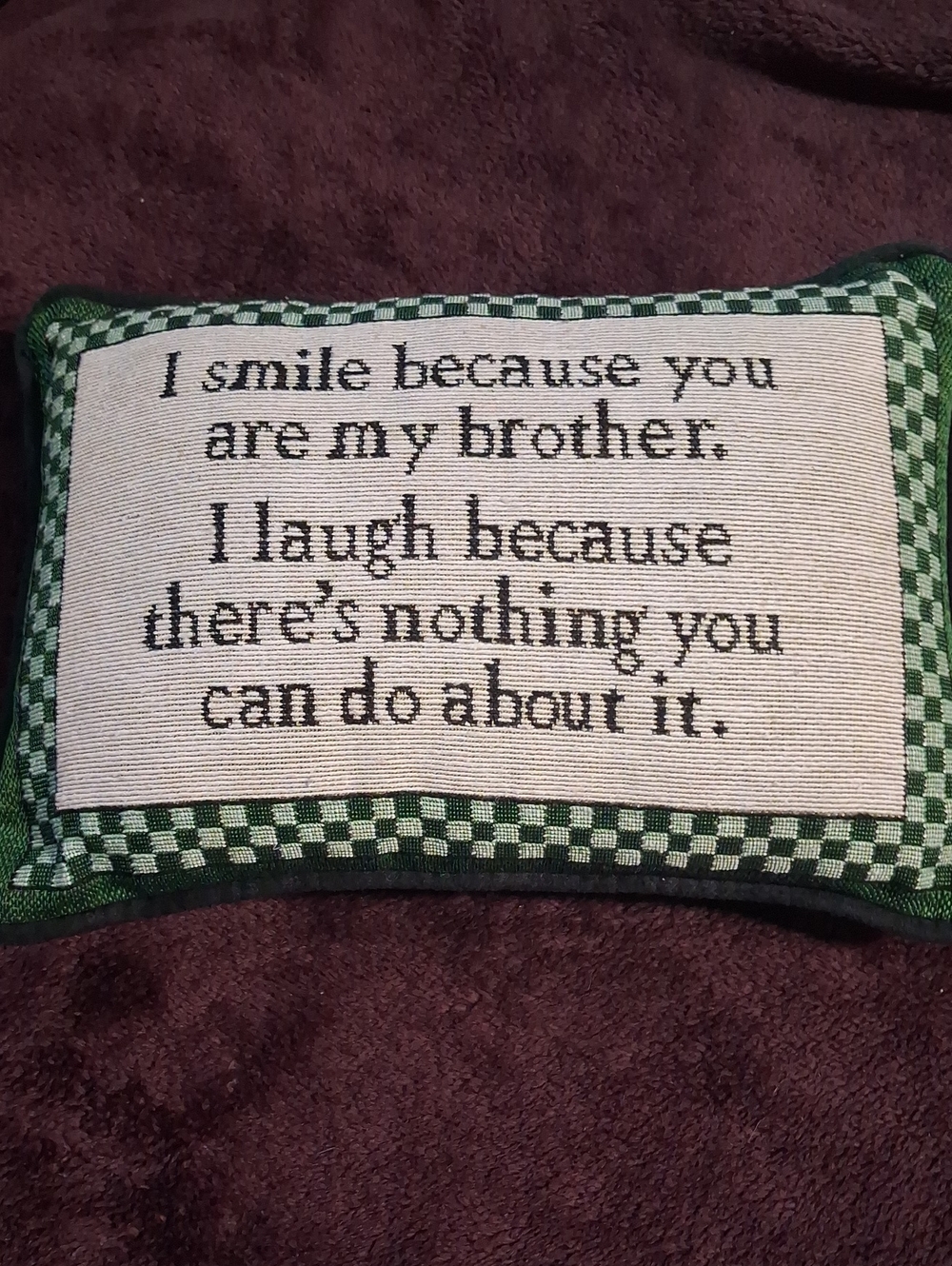 Green Checkered Accent Pillow with Brother Sentiment